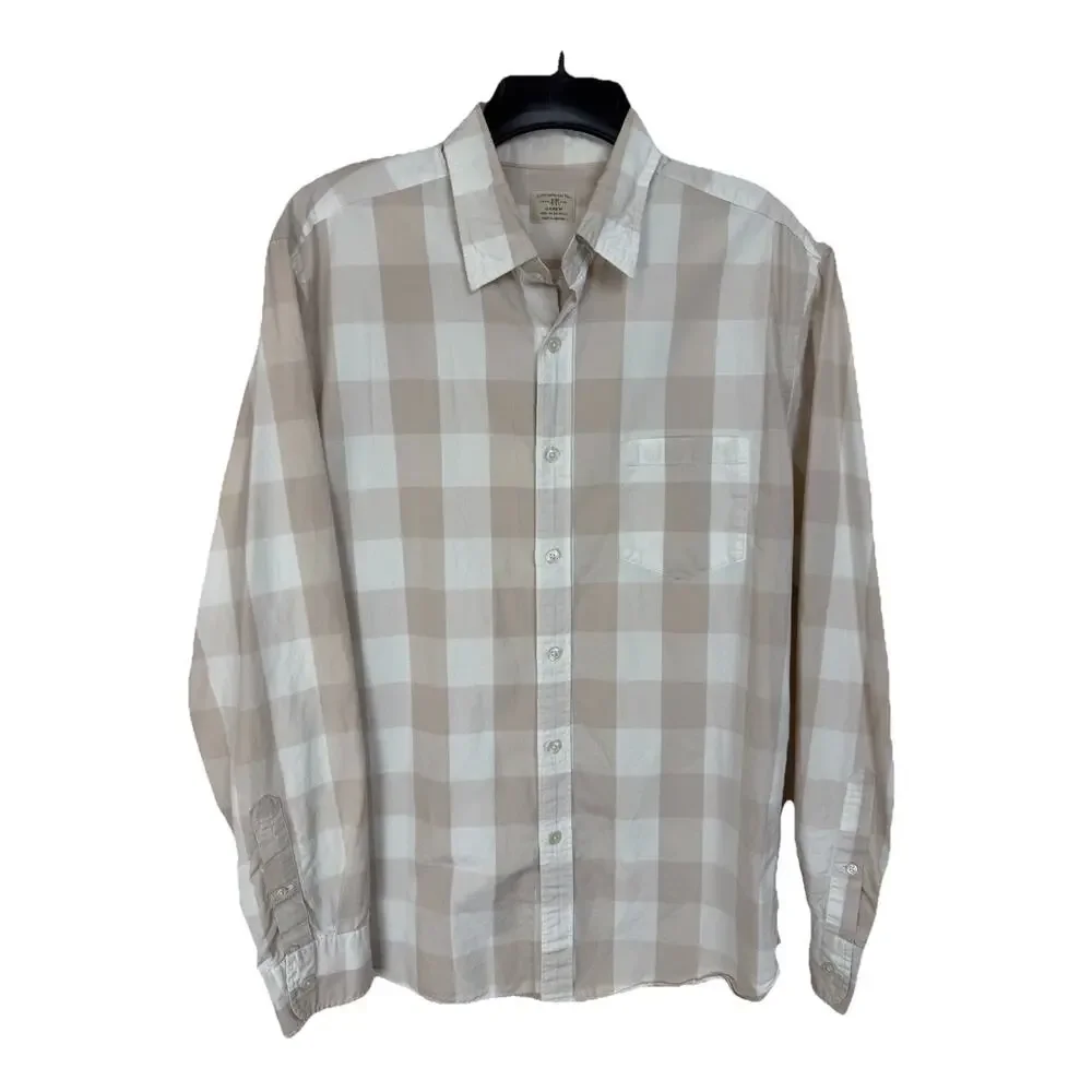 J. Crew Men's Button Up Shirt Sz‎ M (15-15 1/2) Long Sleeves Tan Ivory Plaid